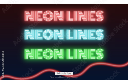 Editable neon lines text vector, red blue and green leds, changeable eps effect, script font