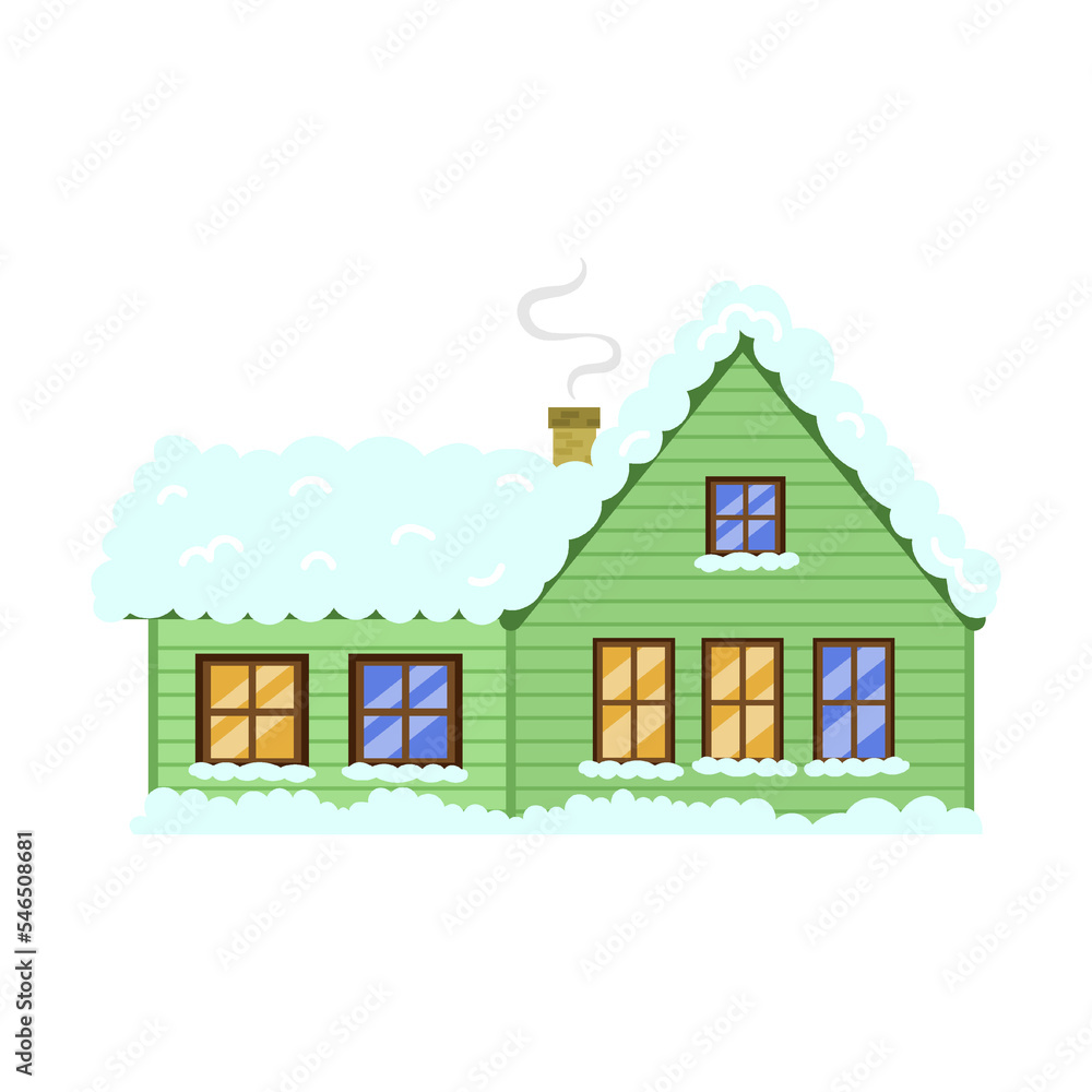 Facade of warm rustic house in winter vector illustration. Village or town cottage or cabin covered with snow, building with chimney isolated on white background