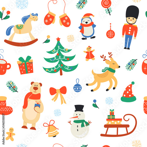 Fototapeta Naklejka Na Ścianę i Meble -  Bright seamless pattern with Christmas illustrations. Cute characters and elements: deer, tree, penguin, toy horse, gifts and more. illustration.