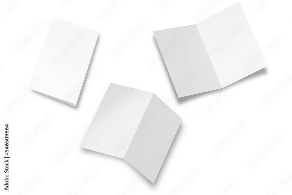 Empty blank folded greeting card mockup isolated on white background. bifold leaflet, brochure, menu design templet.3d rendering. front, side, open and back view. Empty blank folded greeting card mockup isolated on white background. bifold leaflet, brochure, menu design templet.3d rendering. front, side, open and back view.