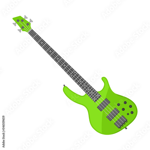 green bass electric guitar cartoon vector illustration. Colorful musical instrument for entertainment or rock band on white background
