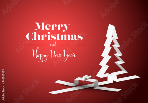 Merry Christmas card with a white tree and gift box made from paper stripes