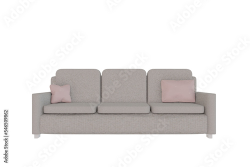3 seater gray fabric sofa and pillows white background and clipping path. 3D