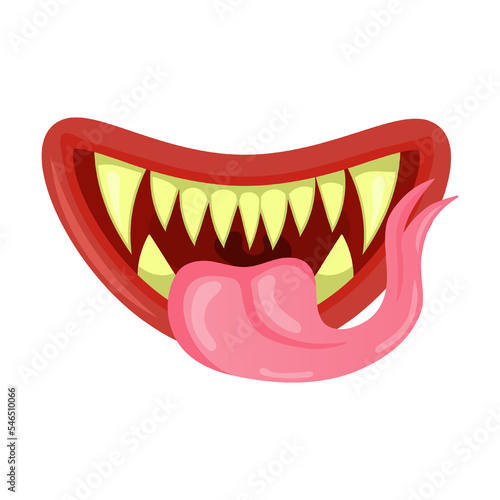 monster mouth sharp fangs and forked tongue, cartoon vector illustration. Cute and scary goblin, gremlin, aliens mouths with tongue