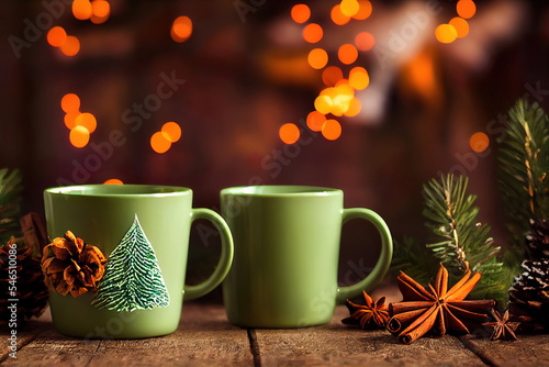 hot christmas beverage in mug  christmas lights and decoration  holiday background  anise  cinnamon  orange