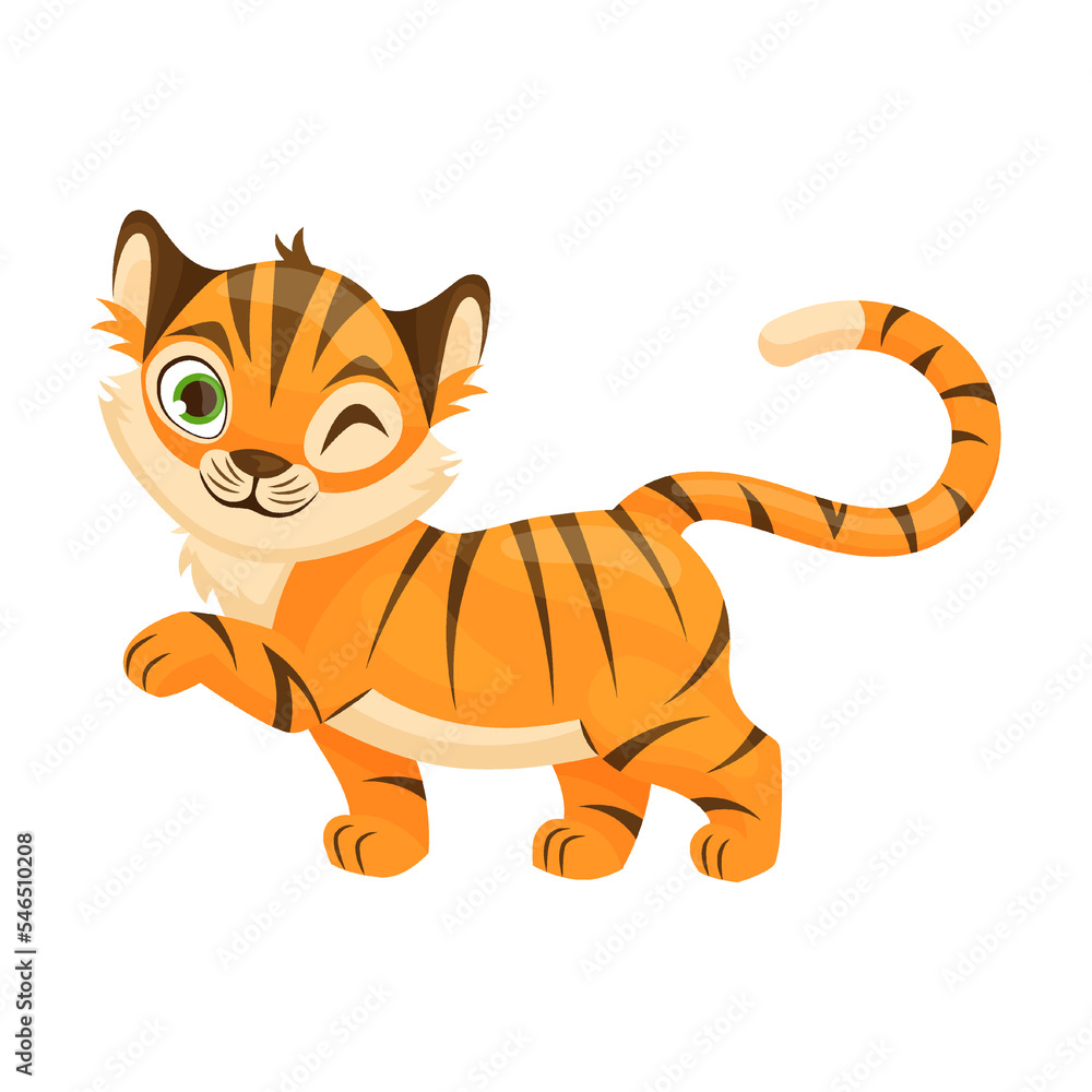 goes brave and bold Funny tiger cartoon character vector illustration. Orange animal with cute muzzle sitting, waving and smiling, symbol of 2022 goes brave and bold Funny tiger cartoon character vector illustration. Orange animal with cute muzzle sitting, waving and smiling, symbol of 2022