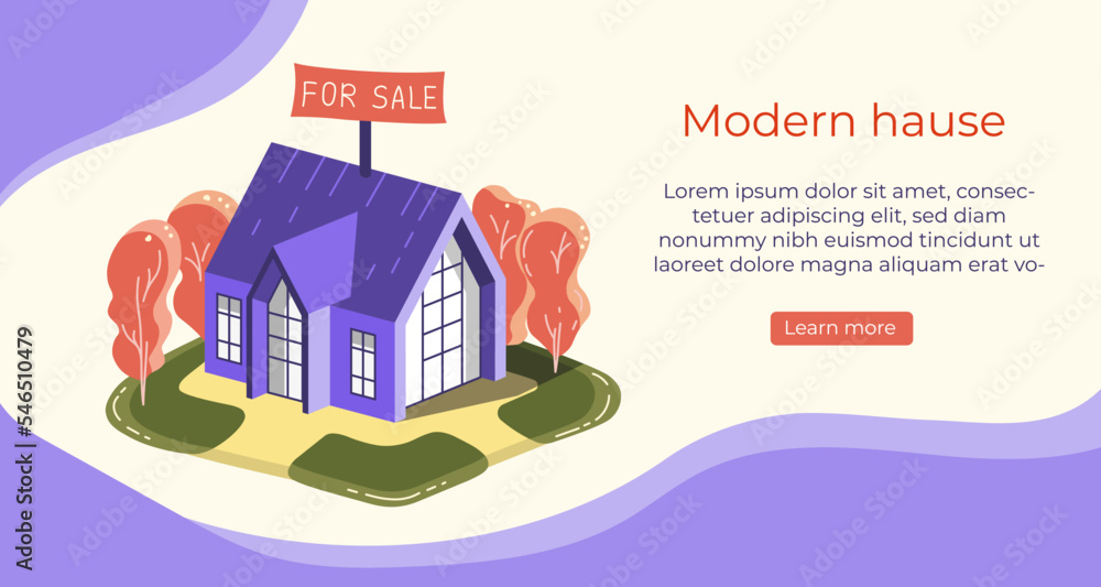 Fototapeta premium Modern house for sale or rent. Banner for estate agent website. Isometric home. Buying, selling a hut.