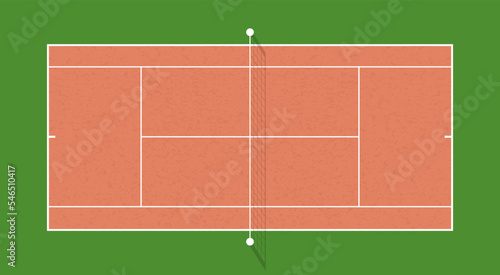 Top view tennis Clay court with grid and shadow . Grass cover field. Vector illustration. Textured realistic tennis court illustration. The exact proportions