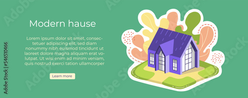 Modern house for sale or rent. Banner for estate agent website. Isometric home. Buying, selling a hut.