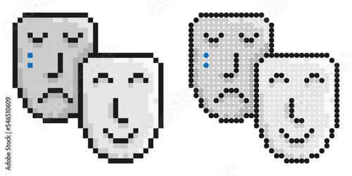 Pixel icon. Comedy and tragic theatrical masks together. Theatrical premieres, circus poster. Simple retro game vector isolated on white background