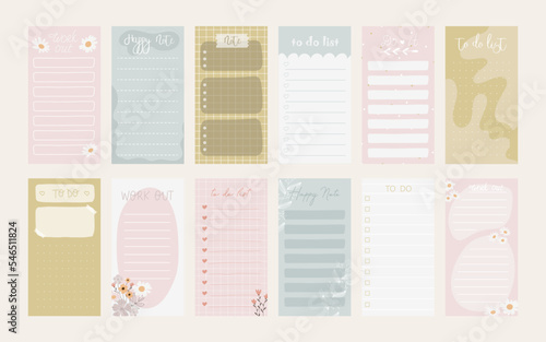 Collection of weekly or daily planners, note paper, to do lists, sticker templates decorated with cute cosmetic illustrations and trendy lettering. Fashion planner or organizer. Vector stock graphic.