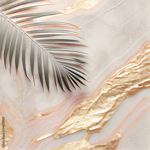 Palm tree leaf on a marble pink background, coered with gold, view from above. Beauty and fashion blog background. Flat lay. photo