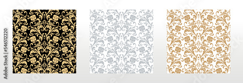 Wallpapers in the style of Baroque. Seamless vector backgrounds. Set of colored floral ornaments. Graphic patterns for fabric, wallpaper, packaging. Ornate Damask flower ornaments