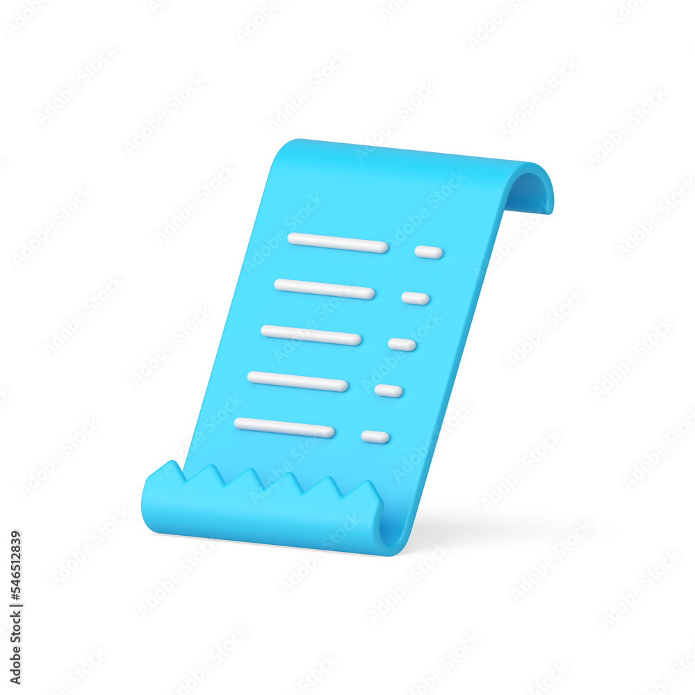 Realistic blue glossy paper payment check financial data information legal form 3d icon