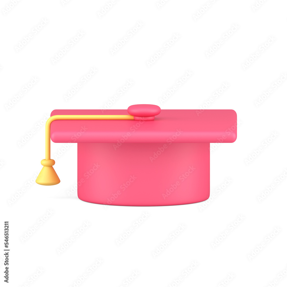 Pink graduation cap with yellow tassel 3d isometric realistic illustrationicon education academic hat Pink graduation cap with yellow tassel 3d isometric realistic illustrationicon education academic hat