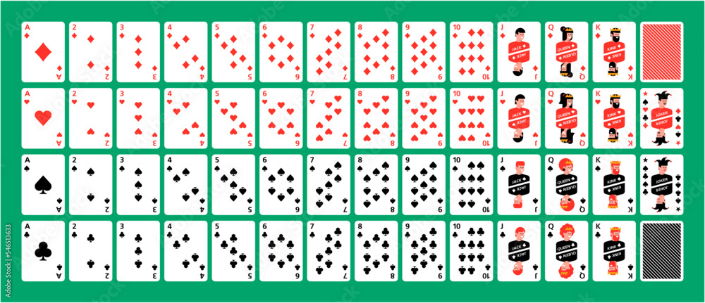 Poker set with isolated cards on green background. Playing Cards Deck Full Complete Poker set with isolated cards on green background. Playing Cards Deck Full Complete