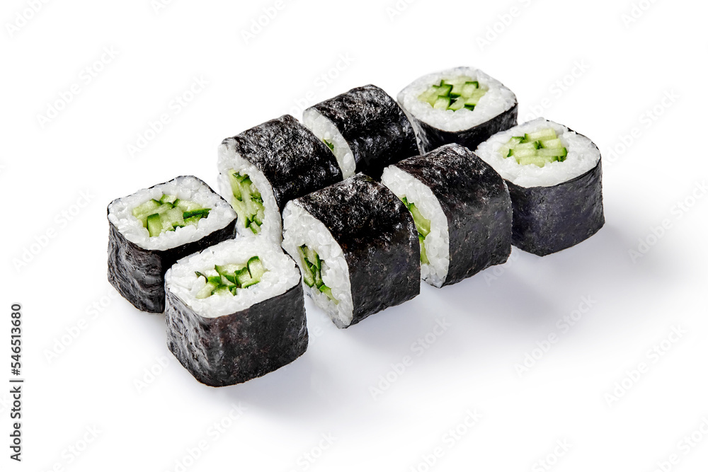 Classic kappa maki sushi rolls with cucumbers isolated on white Classic kappa maki sushi rolls with cucumbers isolated on white