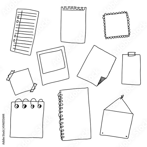 Set of doodle sheets of paper for sticky notes, memos, reminders, to-do list, planner and diary. Bullet journal elements in hand drawn style