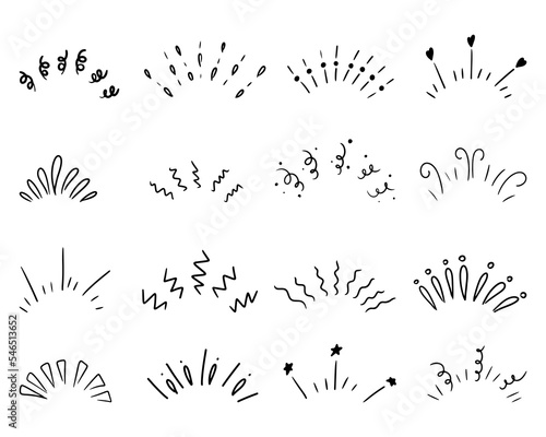 Illustration of a set of doodle sunburst design elements. Hand drawn design elements of rays, halves, explosion, fireworks