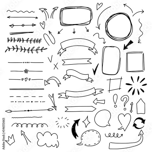 Set of decorative doodle lines, dividers, ribbons, banners and frames for text.Underline and navigation symbols.Hand drawn sketch elements