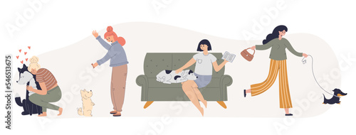 Woman and dog set.Happy pet owners hugging,walking,resting at home and training their dogs.The concept of love for pets and friendship between animal and person.