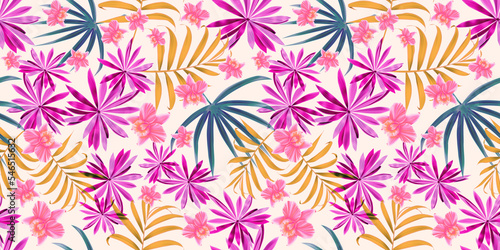 Colourful Seamless Pattern with tropic flowers and leaves. Modern exotic design for paper, cover, fabric, interior decor and other users.... (ID: 546515632)