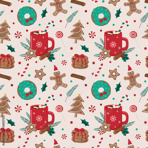 Hot winter drink and Christmas holiday bakery seamless pattern. Cocoa with marshmallows, donuts, and cookies. Isolated on white background. Holiday themed digital paper.