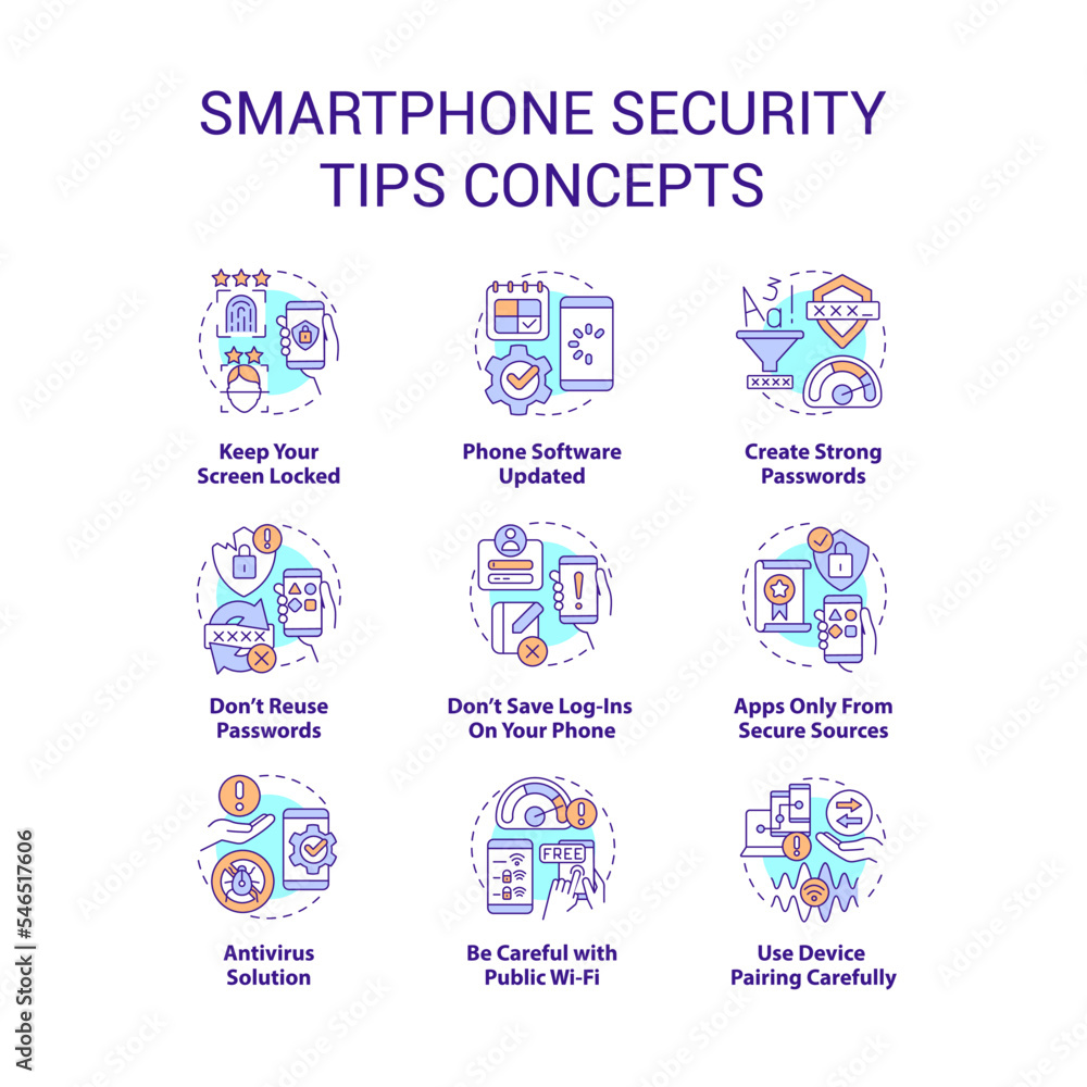 Smartphone security tips concept icons set. Phone protection. Prevent hacker attack idea thin line color illustrations. Isolated symbols. Editable stroke. Roboto-Medium, Myriad Pro-Bold fonts used