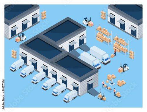 3D isometric logistics Warehouse Work Process Concept with Transportation operation service, Export, Import, Cargo, Forklif, Delivery Truck. Vector illustration EPS 10