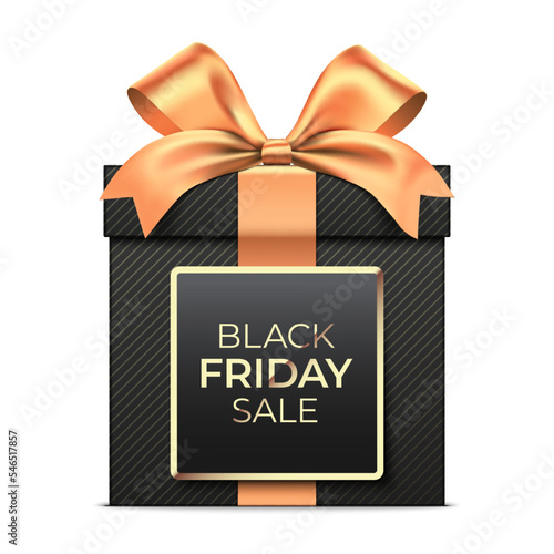 Black Friday Sale premium style black gift box vector design, wrapped with golden satin ribbon and sales text tag, isolated on white background.