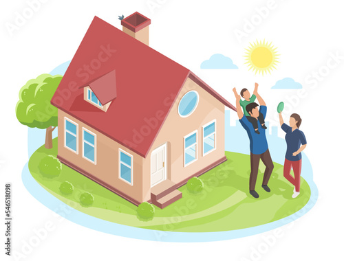 house with happy family isometric dream warm general first home  illustration isolated on white background
