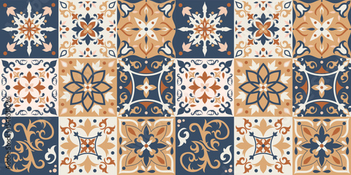 Seamless colorful patchwork tile with Islam, Arabic, Indian, ottoman motifs. Majolica pottery tile. Portuguese and Spain azulejo. Ceramic tile in talavera style. Vector illustration.