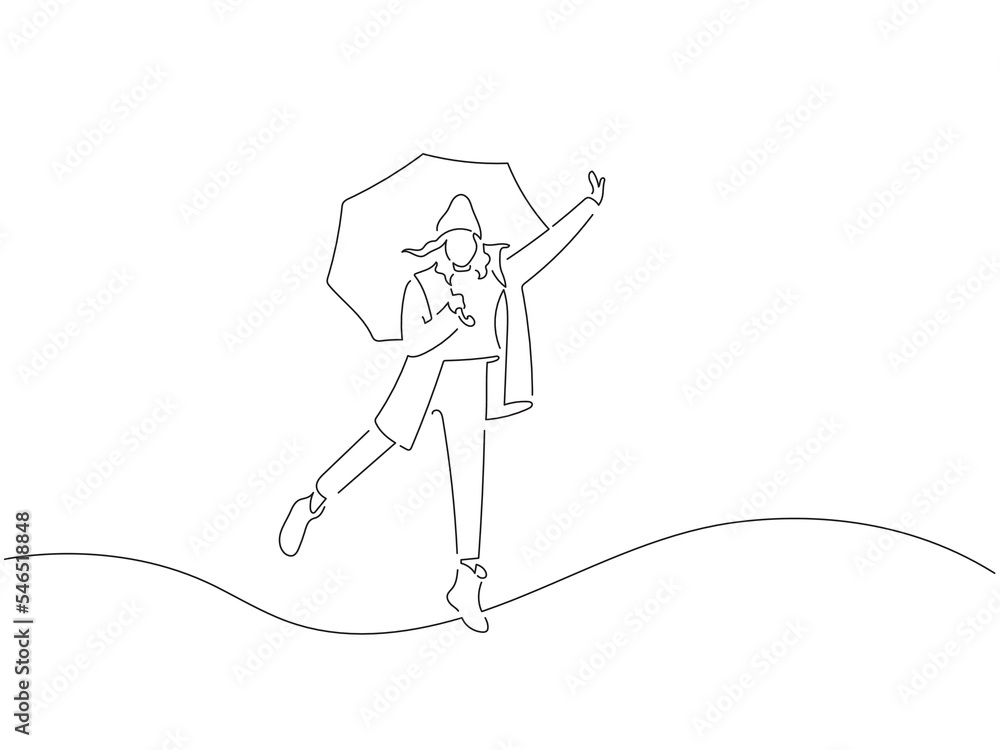 Woman holding an umbrella in line art drawing style. Composition of a winter scene. Black linear sketch isolated on white background. Vector illustration design. Woman holding an umbrella in line art drawing style. Composition of a winter scene. Black linear sketch isolated on white background. Vector illustration design.