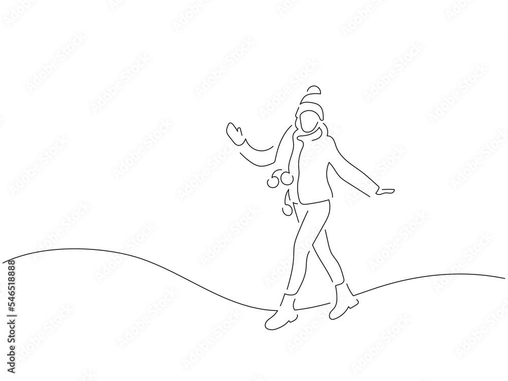 Woman wearing warm clothes in line art drawing style. Composition of a winter scene. Black linear sketch isolated on white background. Vector illustration design.