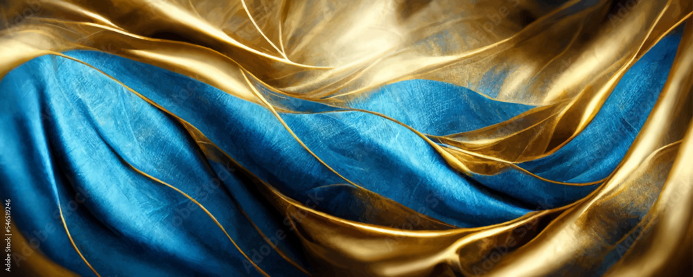 Abstract blue silk background with gold glow effect Stock Vector