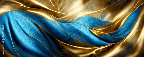 Abstract blue silk background with gold glow effect