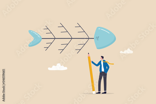 Fishbone diagram tool to analyze cause of problem, root cause analysis or finding solution to solve problem, analyze effect or impact concept, businessman drawing fishbone diagram to analyze problem.