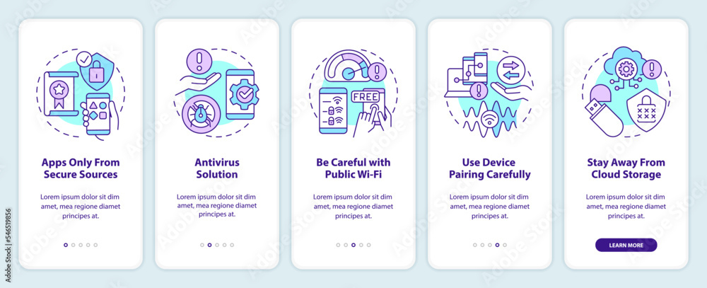 Mobile phone safety tips onboarding mobile app screen. Avoid hacking walkthrough 5 steps editable graphic instructions with linear concepts. UI, UX, GUI template. Myriad Pro-Bold, Regular fonts used