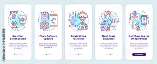 Smartphone security tips onboarding mobile app screen. Digital safety walkthrough 5 steps editable graphic instructions with linear concepts. UI, UX, GUI template. Myriad Pro-Bold, Regular fonts used