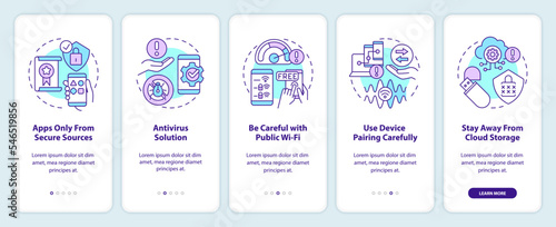Mobile phone safety tips onboarding mobile app screen. Avoid hacking walkthrough 5 steps editable graphic instructions with linear concepts. UI, UX, GUI template. Myriad Pro-Bold, Regular fonts used