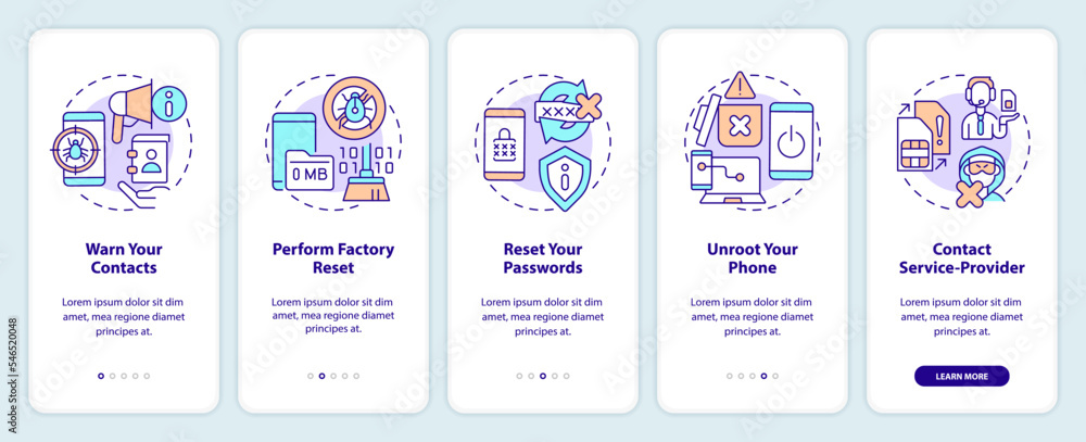 Fix hacked smartphone tips onboarding mobile app screen. Cybersecurity walkthrough 5 steps editable graphic instructions with linear concepts. UI, UX, GUI template. Myriad Pro-Bold, Regular fonts used