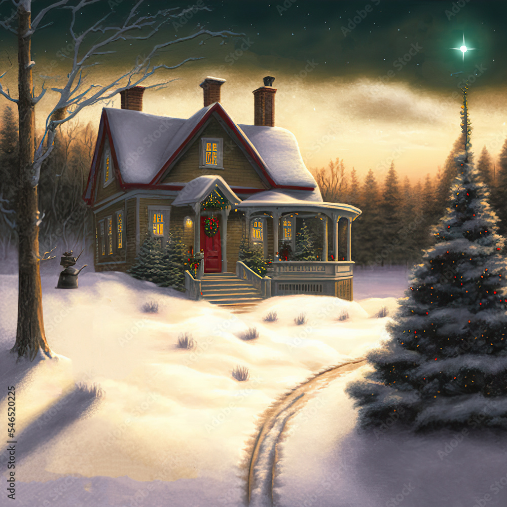 Painting of a winter cabin in the snow on Christmas, with a decorated  Christmas tree ilustración de Stock | Adobe Stock
