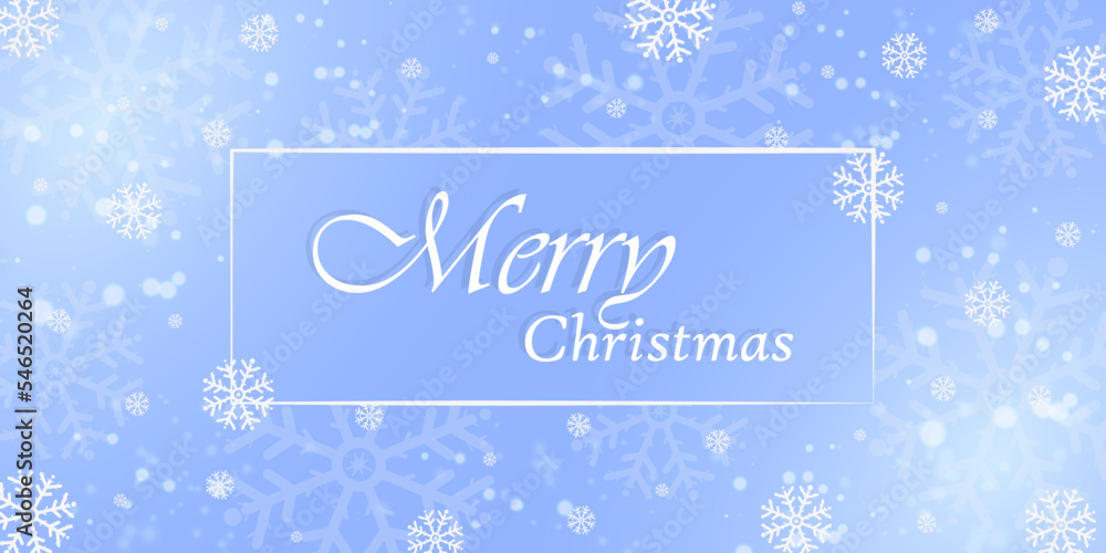 Merry Christmas. Winter blue background with white snowflakes. Festive card template.  Vector illustration