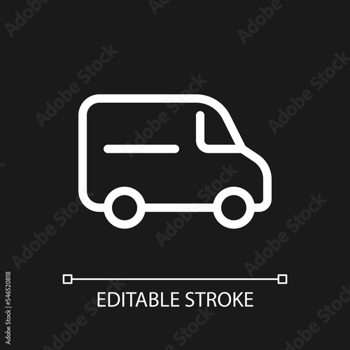 Van pixel perfect white linear ui icon for dark theme. Transportation service for customer. Vector line pictogram. Isolated user interface symbol for night mode. Editable stroke. Arial font used
