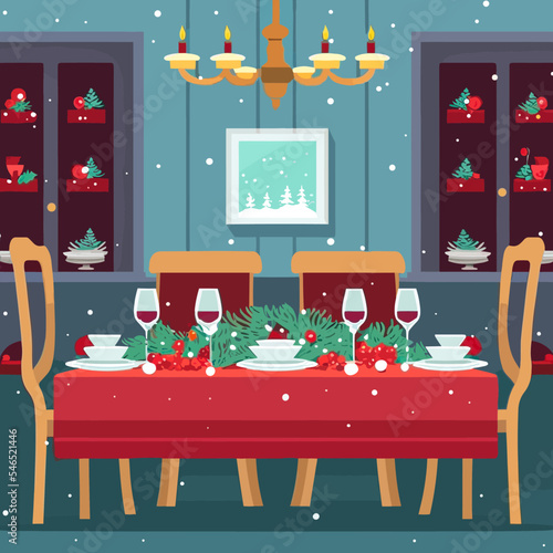 Christmas table with wine glasses and snowflakes.