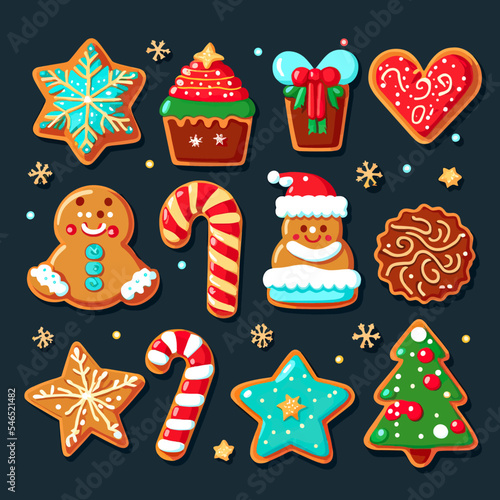 Set of different Christmas cookies isolated on the dark background.