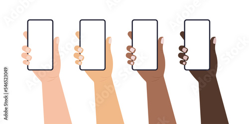 Hand holds mobile phone flat style vector illustration set.