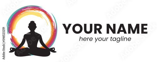 Yoga logotype of a silhouette in lotus position with a colourful energy circle around
