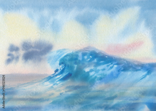 Fototapeta Naklejka Na Ścianę i Meble -  Seascape with a wave on the background of the sky. Sea drawing. Sea wave painted in watercolor on paper. blue background