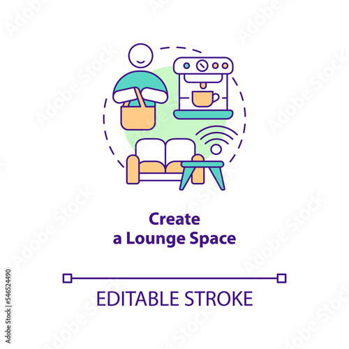 Create lounge space concept icon. Attract clients to retail store way abstract idea thin line illustration. Isolated outline drawing. Editable stroke. Arial, Myriad Pro-Bold fonts used